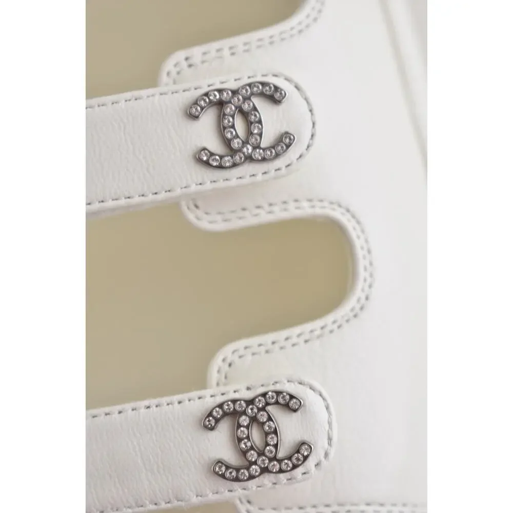 Chanel 24S White Leather Triple Strap CC Logo Mule Slide Teva Dad Sandal Flat 41